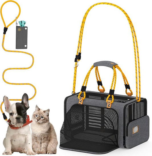 PAWZIDEA Expandable Pet Carrier w/ID Card, 18x11x11 in Small Dog Carrier TSA Airline Approved, Top Load Cat Carrier for 2 Cats Under Seat, Soft-Sided Collapsible Puppy Car Seat Dog Travel Bag, Up 15lb