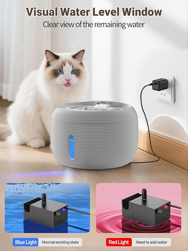 SIBAYS 3.5L/118oz Large Capacity Cat Water Fountain, Automatic Quiet Pet Water Fountain for Cats Indoor Cat Drinking Fountain, Dog Water Bowl Dispenser with LED Light & Water Level Window(FS77, Grey)