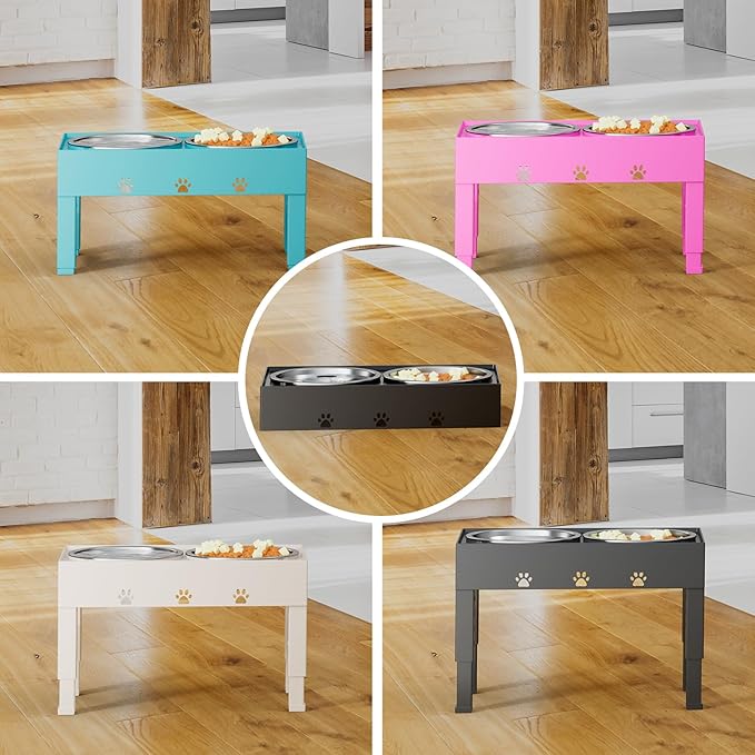 Elevated Dog Bowls with Mat, Raised Dog Food Bowl Stand with 2 Stainless Steel Bowls, 5 Height Adjustable (3.1", 9", 10", 11", 12") Non-Slip Feeder Set for Medium and Large Dogs – Pink