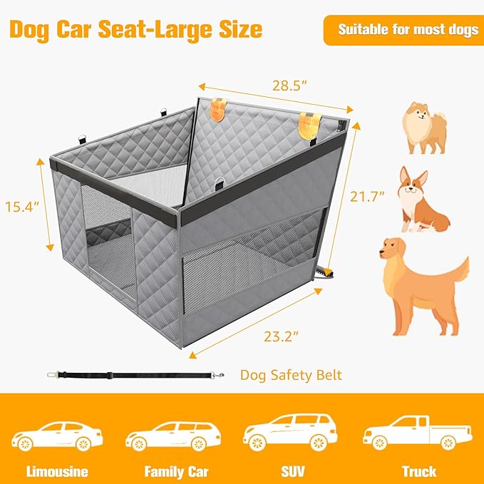 PETICON Large Dog Car Seat, Back Seat Extender for Dogs with 3 Mesh Windows, Waterproof Medium Carseat for Dogs with Hard Bottom, Pet Seat Cover for Cars, Trucks and SUVs (Gray)