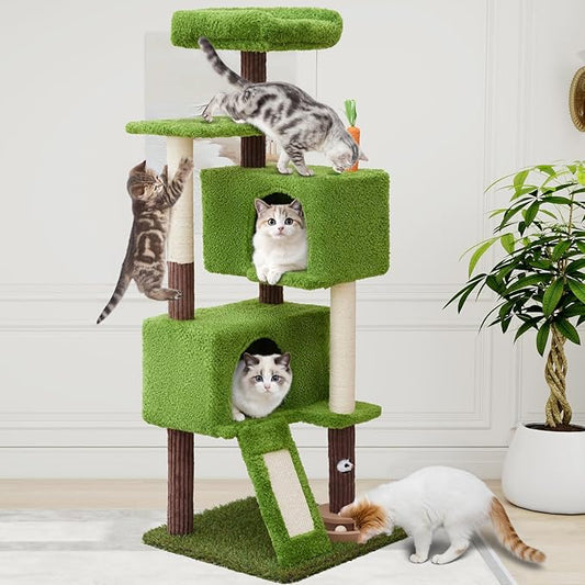 55in Tall Cat Tree Tower with Cat Toys for Indoor Multi-Level Cozy Large Cat Tree with Condo Top Perch and Sisal Scratching Posts, Green Cat Tower for Kitty and Adult Cats