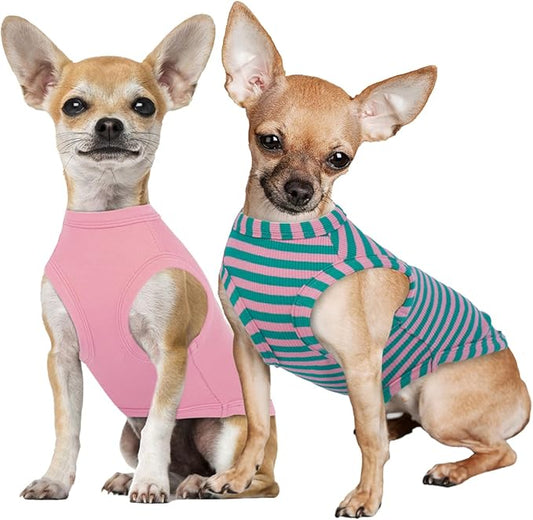 IECOii 2 Pack Dog T-Shirts for Small Dogs,Breathable & Lightweight Fabric for Hot Weather,Stretchy Pet Tank Top Sleeveless Vest for Summer Outdoor Sun Protection,Cat,Chihuahua Clothes,Pink+Stripes,M