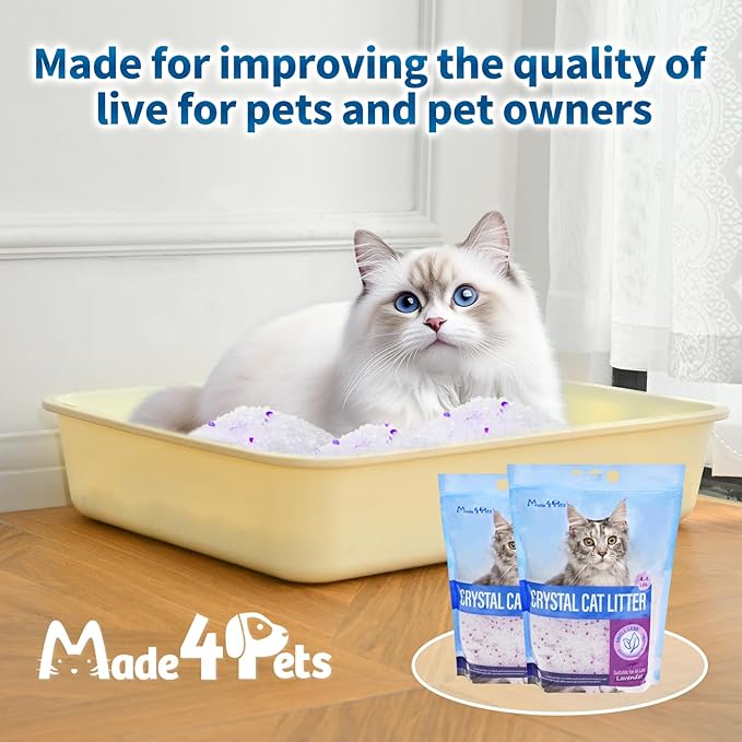 Made4Pets Cat Litter Crystals, Non Clumping Cat Litter Odor Control Kitty Litter Non Clumping No scooping Low Dust, Low Tracking, Lightweight, Dehydrates Waste, Lavender – 17.2 lbs (4 x 4.3 lb Packs)