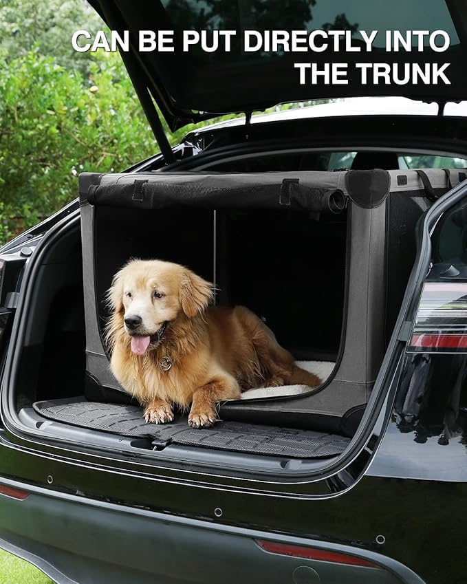 24 Inch Collapsible Travel Dog Crate for Medium Large Dogs, Portable Dog Crate 4-Door Foldable Soft Kennel with Durable Mesh Windows for Indoor & Outdoor Travel, with Storage Bag,Grey