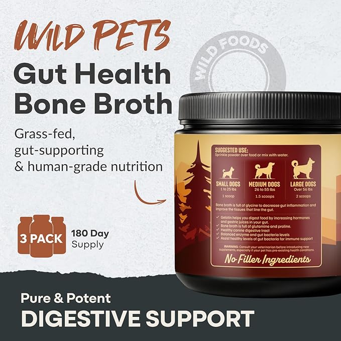 Wild Foods Dog Bone Broth Powder – 100% Natural & 16oz US Made Bone Broth for Dogs Support Digestion, Gut & Joint Health – Non Fillers Rich in Gelatin, Glutamine & Proline