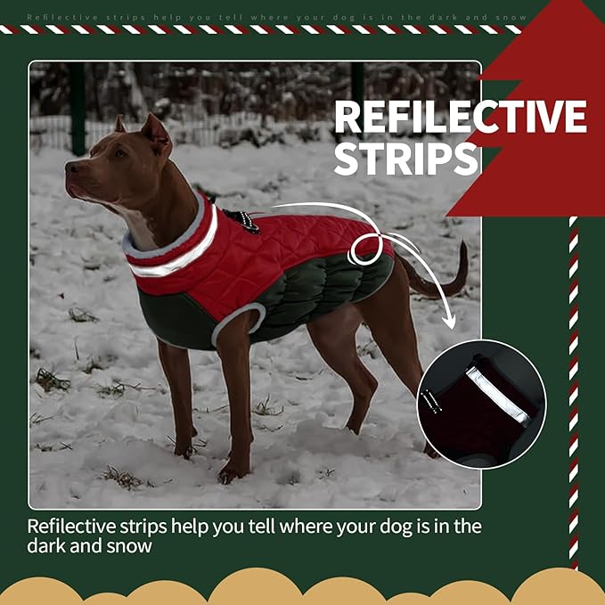 FUAMEY Dog Coat for Large Dogs,Waterproof Dog Winter Jacket with Harness Built in Puppy Cold Weather Coats Reflective Pet Vest with Zipper Warm Fleece Dogs Snowsuit Windproof Christmas XXXL
