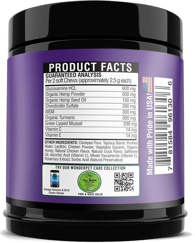 Mobility Hemp Oil Hip & Joint Supplement for Senior Dogs Chondroitin Glucosamine MSM Turmeric Green Lipped Mussel Extra Strength Formula for Dog 90 Chews