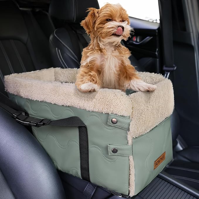 Center Console Dog Car Seat for Small Dogs,PU Leather Small Dog Car Booster Seat,Washable Foldable with Safe Protection Hooks Adjustable Straps and Storage Pocket Pet Up to 15lbs-Green