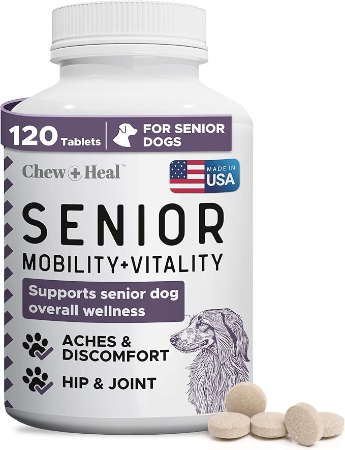 Mobility and Vitality Supplement for Senior Dogs - 120 Tablets for Senior Dog Wellness and Pain Reliever - Made with Glucosamine, MSM, Yucca, and More for Hip and Joint Support - Made in the USA