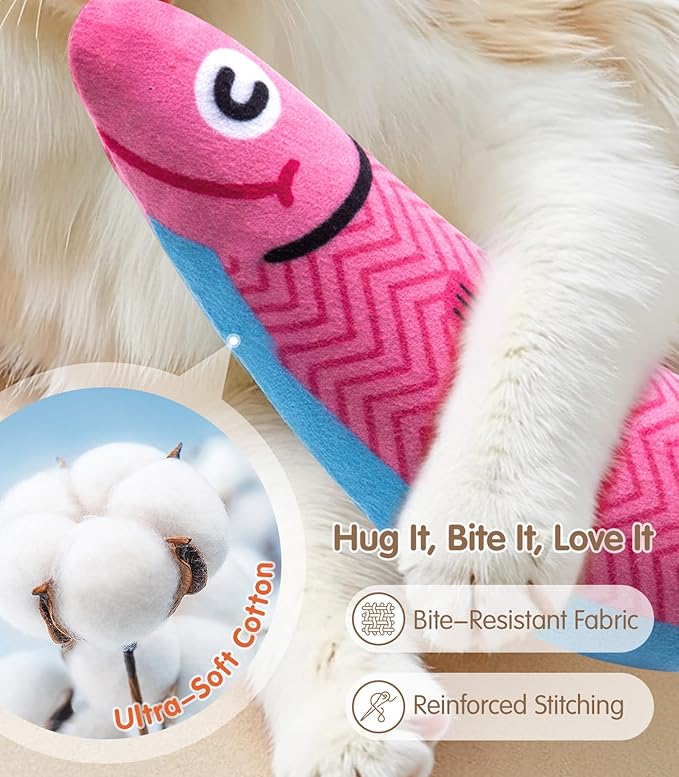 Interactive Cat Toys with[5000mg Premium A+Catnip][Baby Grade] Soft Chew Kicker Cat Toys for Indoor Cats & Kittens, Crinkle &Rattle Fish Sound Toy, Drives Bored Cats Crazy with Fun,3 Pack