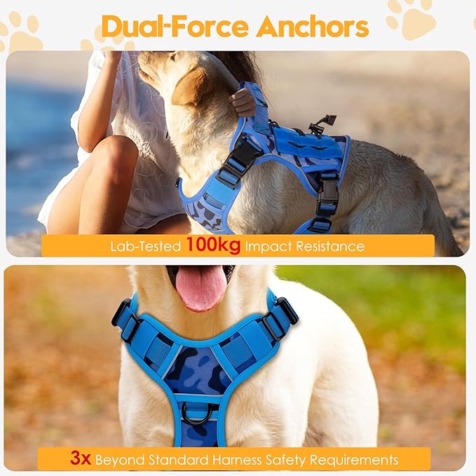 Heavy-Duty Tactical Dog Harness for Large Dogs, No Pull Adjustable Reflective Pet Vest with Molle System, K9 Military-Grade Control for Service Training, Outdoor & 10+ Breeds, Blue Camo, Small