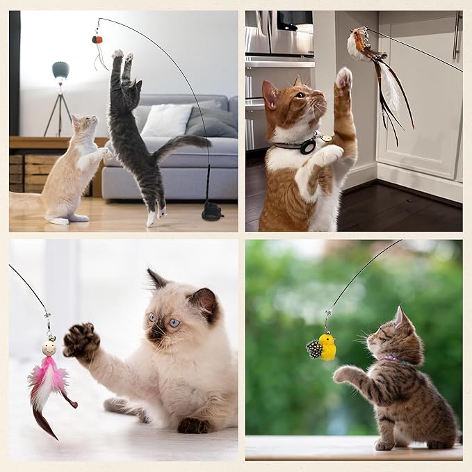 Interactive Bird Simulation Cat Feather Toy Set - Suction Cup Cat Toys for Indoor Cats, Natural Feathers, Bells & Easy Clip-On, Perfect for Indoor Cats - 2 Free Pads, Suctions to Ground