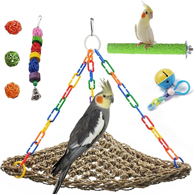 Bird Swing Toys,Parakeet Seagrass Mat,Edible Triangle Seagrass Hammock with Color Toys Handmade Woven Natural Grass Net Hanging on Parrot Cage for Budgies Lovebird Canary Cockatiel Finch Hamster
