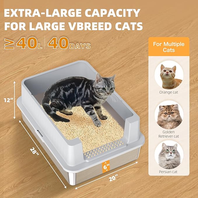 Stainless Steel Litter Box - 28" Extra Large XXXL Cat Litter Box with High Sides, Non-Sticky & Anti-Leakage for Big Cats/Multiple Cats, Includes Heavy Duty Metal Scoop, Grey