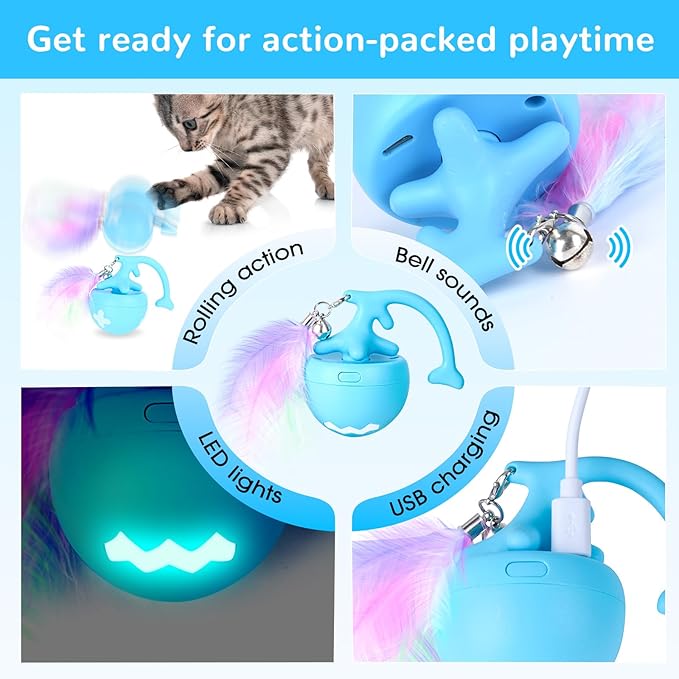 Interactive Moving Cat Toy Ball - Self-Play for Indoor Cats, Kittens to Adults | Smart Obstacle Avoidance, LED Light | Quiet on Carpet, Fur-Proof, USB Rechargeable