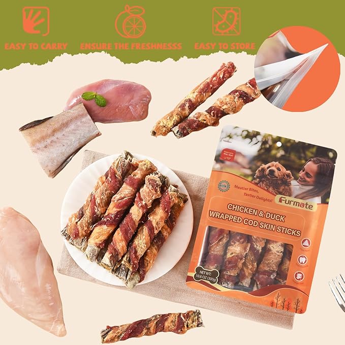 Dog Treats, Chicken Duck Wrapped Cod Skin Sticks for Dogs, Healthy Fish Dog Snacks Rich in Omega 3, Rawhide-Free Long Lasting Dog Jerky Traning Treats for Small Medium Large Breeds,10.58 oz