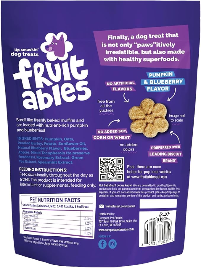 Fruitables Baked Dog Treats, Healthy Pumpkin Treat for Dogs, Low Calorie & Delicious, No Wheat, Corn or Soy, Made in the USA, Pumpkin and Blueberry Flavor, 7oz