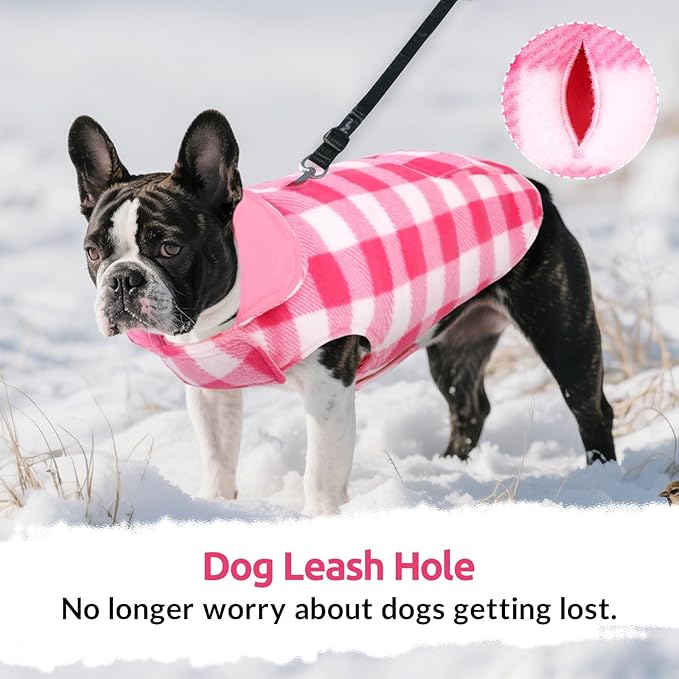 ASENKU Dog Winter Coat, Fleece Doggie Jacket Plaid Reversible Vest Waterproof Windproof Cold Weather Clothes for Small Medium Large Dogs (M, Pink)