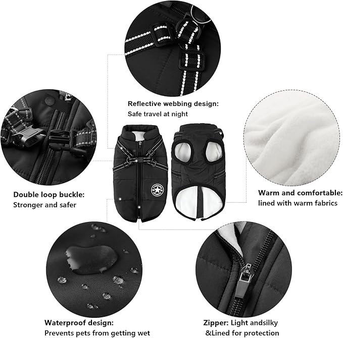 Aiboria Dog Coat for Winter Waterproof Windproof 2 in 1 Dogs Jackets Fleece Large Dog Vest Harness Winter Warm Pet Black 4XL