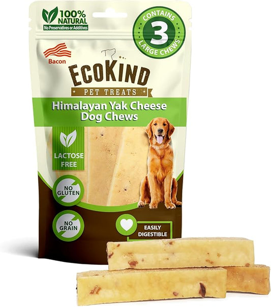 EcoKind Premium Gold Yak Cheese Himalayan Dog Chews, Dog Treats Large Breed, All Natural, High Protein Dog Chew, Bacon, Large - 3 Chews