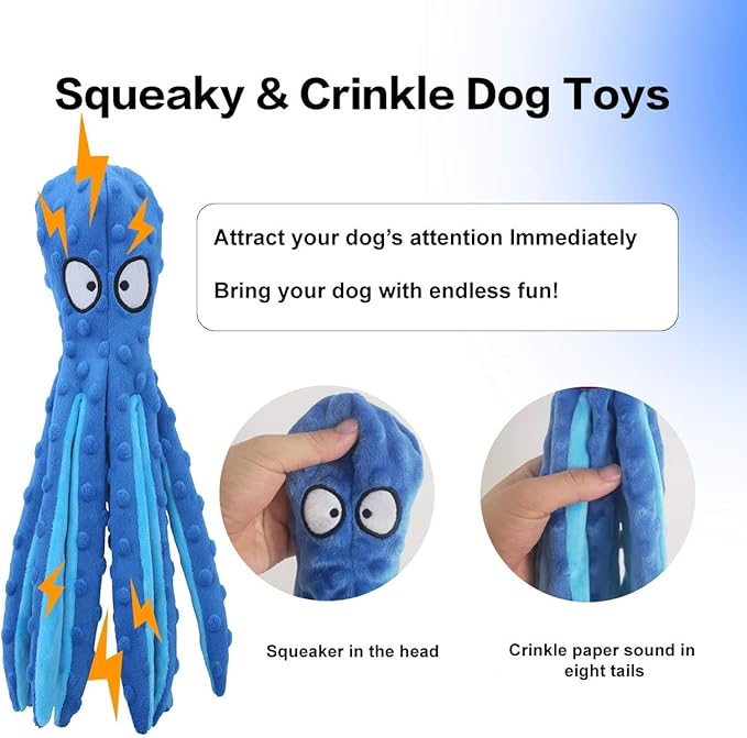 Dog Squeaky Toys Octopus - No Stuffing Crinkle Plush Dog Toys for Puppy Teething, Durable Interactive Chew Toys for Small, Medium and Large Dogs Training and Reduce Boredom, 2 Pack