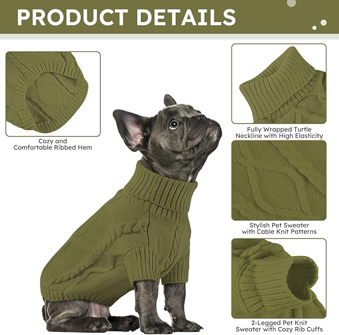Queenmore Small Dog Pullover Sweater, Cold Weather Cable Knitwear, Classic Turtleneck Thick Warm Clothes for Chihuahua, Bulldog, Dachshund, Pugl,OliveGreen,M