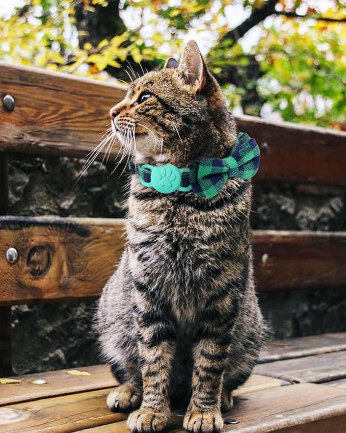 Joytale Upgraded Cat Collar with Bells, Breakaway Cat Collars with Bow Tie, 2 Pack Girl Boy Safety Plaid Kitten Collars, Green+Orange