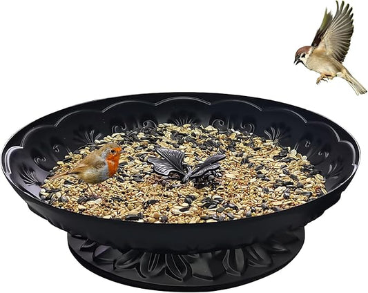 Ground Platform Bird Feeder Tray,11” Metal Large Standing Bird Feeder Mesh Seed Tray，for Outdoor Garden (Black-1 Pack)