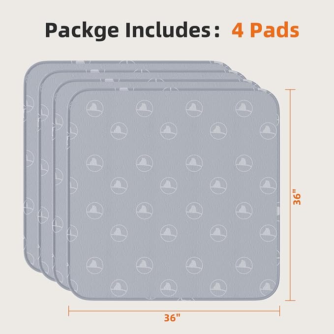 PJYuCien Washable Pee Pads for Dogs 4 Pack, 36" x 36" Reusable Pee Pads for Dogs, Leak-Proof Pet Training Pads, Puppy Pads for Non-Slip, Designed for Dog Pen, Whelping Pad, Potty Training (Grey)