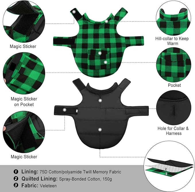 ASENKU Dog Winter Coat, Fleece Doggie Jacket Plaid Reversible Vest Waterproof Windproof Cold Weather Clothes for Small Medium Large Dogs (Green,3XL)