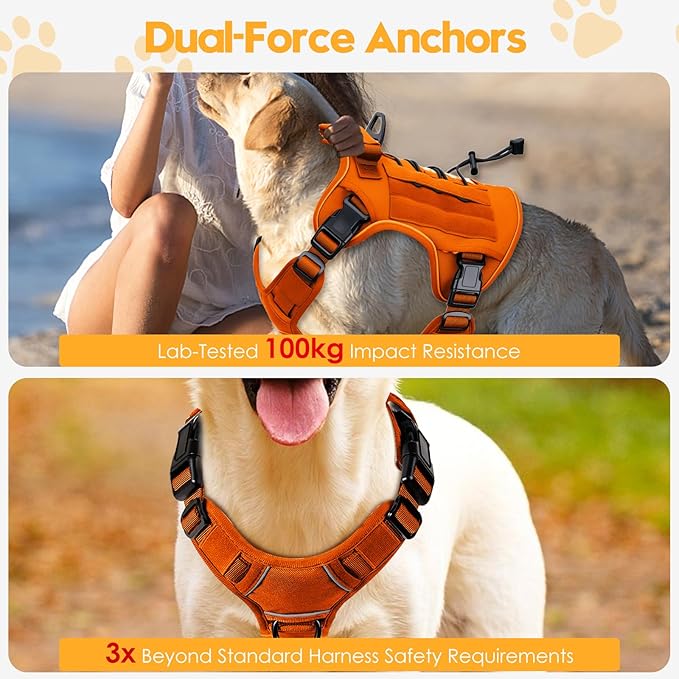 Heavy-Duty Tactical Dog Harness for Large Dogs, No Pull Adjustable Reflective Pet Vest with Molle System, K9 Military-Grade Control for Service Training, Outdoor & 10+ Breeds, Orange, X-Large