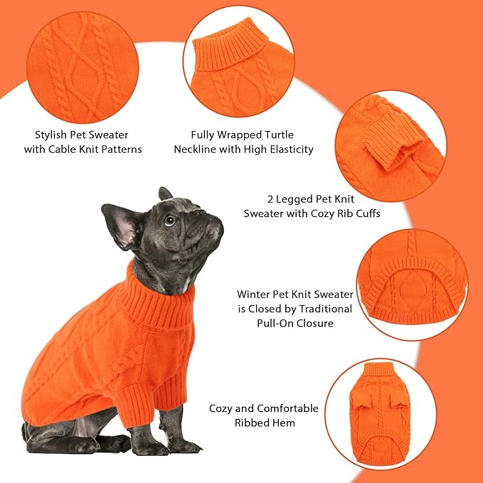 Queenmore Small Dog Pullover Sweater, Cold Weather Cable Knitwear, Classic Turtleneck Thick Warm Clothes for Chihuahua, Bulldog, Dachshund, Pug (Orange, X-Small)