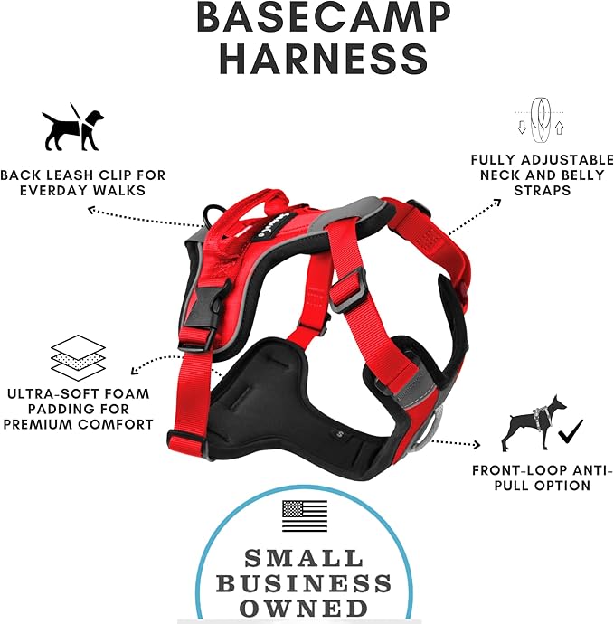 ShawnCo Basecamp Dog Harness, No-Pull Pet Vest with 3 Leash Clips, Padded, Reflective, Lightweight and Adjustable Harness with Handle for Small, Medium and Large Dogs (Mustang Red, XS)