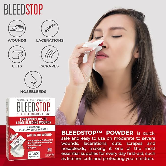 BleedStop™ First Aid Powder for Blood Clotting, Trauma Kit, Blood Thinner Patients, Camping Safety, and Survival Equipment for Moderate to Severe Bleeding Wounds or Nosebleeds - 1 (60g) Pouch