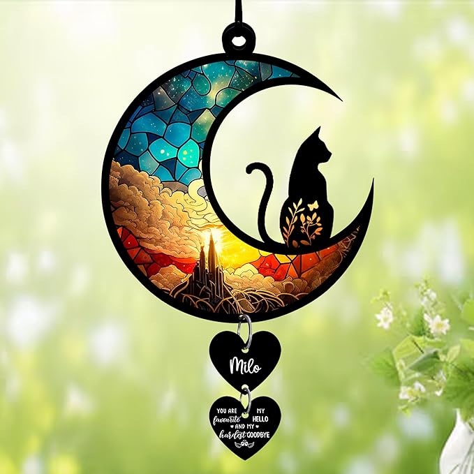 NAZENTI Personalized Cat Memorial Suncatcher, Sympathy Gift for Loss of Cat, Pet Remembrance Gift, Stained Glass Suncatcher, Custom Breed and Name, Pet Memorial Ornament Window Hanging