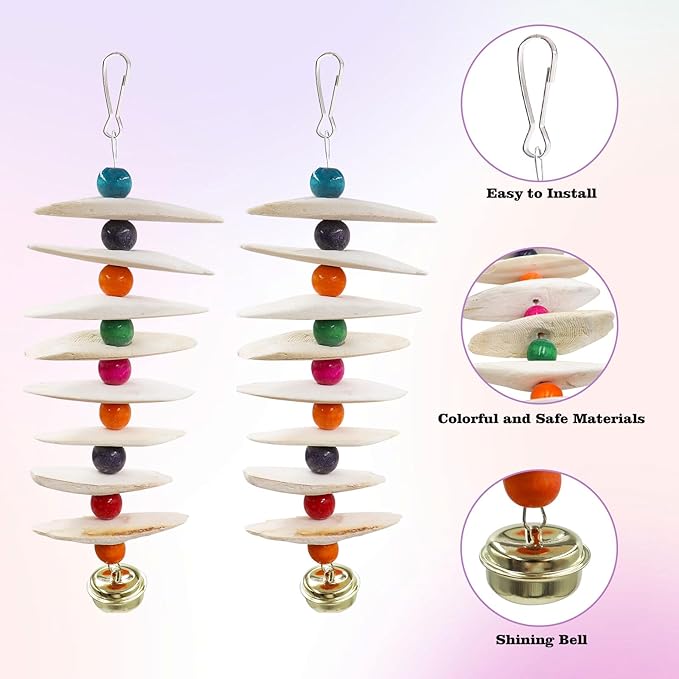 2 Pack Bird Toys with Cuttlebone, Parakeet Toys, Bird Beak Grinding Stone, Cage Accessories for Parakeets, Cuttlefish Bone for Budgies, Cockatiels, Lovebirds, Green Cheeks, Small to Medium Birds