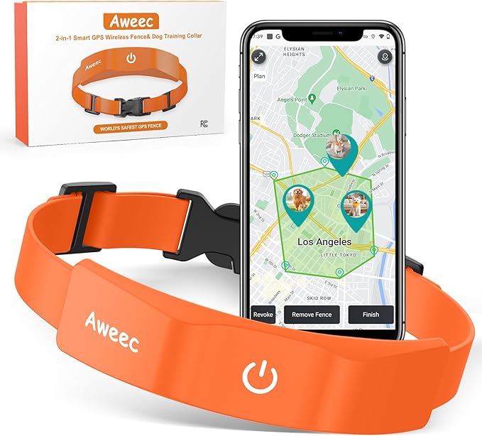 GPS Wireless Dog Fence with Free App, Electric Fence System with Training Collar, Portable Fence for Outdoor Use, Rechargeable Waterproof Flexiable Collar, Adjustable for Large Medium Dogs (Orange)