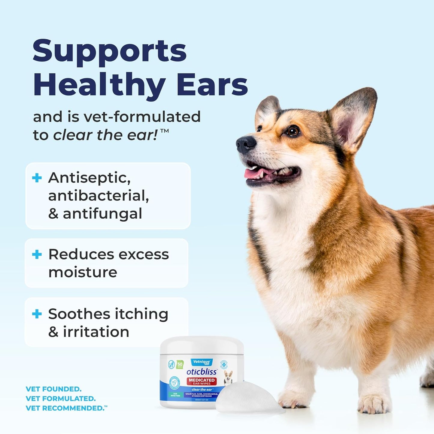 Vetnique Oticbliss Medicated Ear Wipes – Cat & Dog Ear Wipes with Hydrocortisone & Salicylic Acid for Cleaning & Odor Control – 50ct