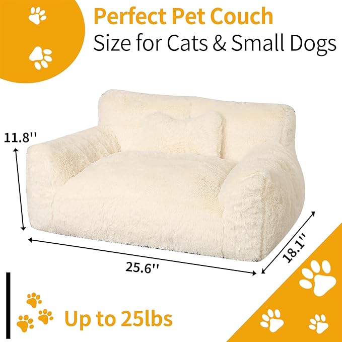 Fluffy Cat Couch, Small Dog Bed with Bone Shaped Pillow, Anti-Anxiety Pet Bed with Washable Cover, Cream