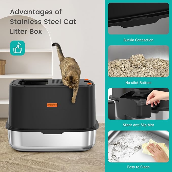 Enclosed Stainless Steel Cat Litter Box with Lid, XL Extra Large Litter Box for Big Cats, Metal Litter Pan High Sided, Never Absorbs Odors, Anti-Urine Leakage, Include Scoop (V-Black)