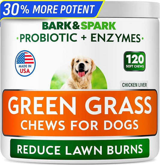 BARK&SPARK Green Grass Chews - Dog Pee Grass Spot Saver Caused by Dog Urine - Urine Neutralizer for Lawn, Gut Health Probiotics & Enzymes, Lawn Burn from Pee, Grass Burn Spot Chews Rocks