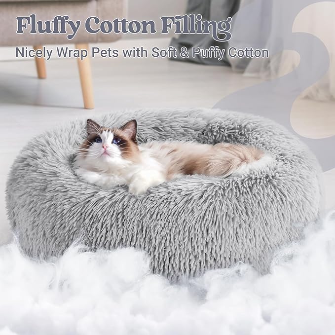 rabbitgoo Cat Beds for Indoor Cats, 20 inches Cat Bed Machine Washable, Fluffy Round Pet Bed Non-Slip, Calming Soft Plush Donut Cuddler Cushion Self Warming for Small Dogs Kittens, Light Grey, Medium