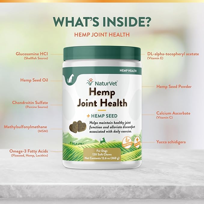 NaturVet – Hemp Joint Health For Dogs - Plus Hemp Seed | Supports Overall Joint Health | Enhanced with Glucosamine, MSM, Chondroitin & Antioxidants | 120 Soft Chews