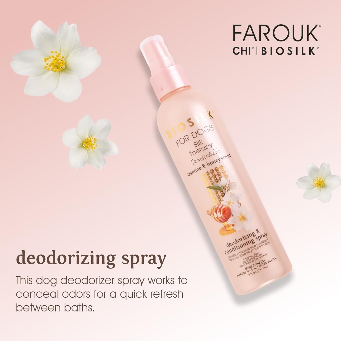 BioSilk for Dogs Silk Therapy Irresistible Deodorizing and Conditioning Spray, Scented, Jasmine and Honey Scent, Paraben Free, Made in The USA, 8 Fl Ounces