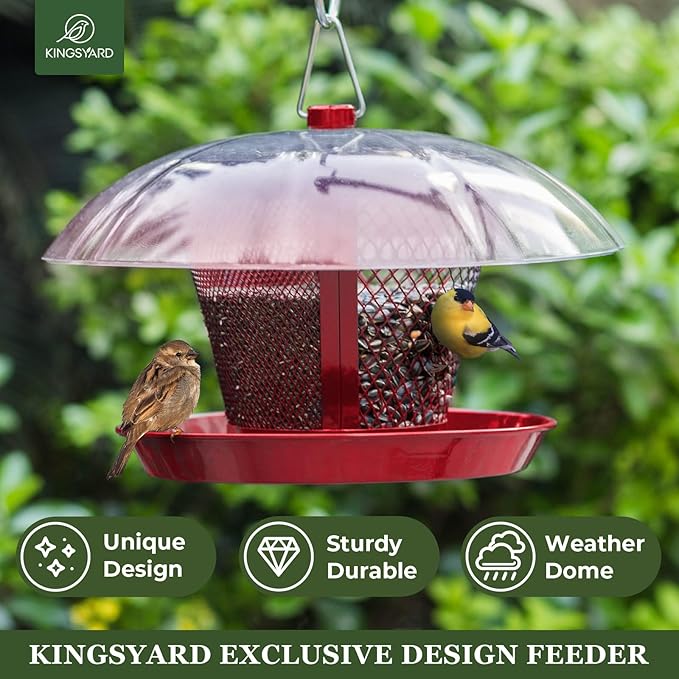 Kingsyard Bird Feeder for Outside, Dual-Use Metal Mesh Wild Bird Feeder with Weatherproof Dome Dual, 2.5 lbs Seed Capacity for Finch Cardinal