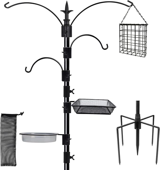 yosager Premium Bird Feeding Station Kit, 90" x 23" Birds Feeder Pole, Planter Hanger, Multi Feeder Hanging Kit with Metal Suet and Bath for Bird Watching, Attracting Wild Birds