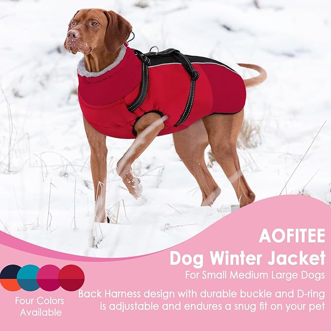 AOFITEE Dog Coat for Large Dogs, XXXL Dog Winter Jacket with Harness Built in, Turtleneck Cold Weather Coat for Extra Large Dogs, Reflective Pet Fleece Jacket with Zipper for Great Dane, Red 3XL