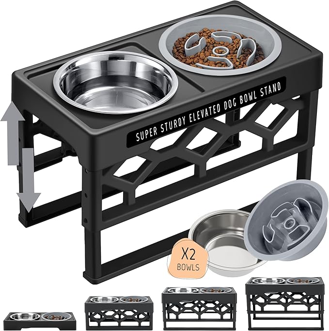 AVERYDAY Small Slow Feeder Dog Bowls Elevated, 4 Height Adjustable Raised Dog Bowl Stand with Stainless Steel Food and Water Bowl, Tall Dogs Feeding Station with Anti-Slip for Small Medium Breeds Dogs