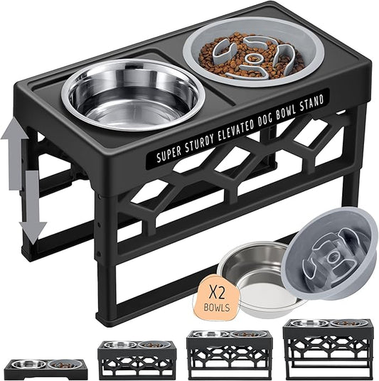 AVERYDAY Small Slow Feeder Dog Bowls Elevated, 4 Height Adjustable Raised Dog Bowl Stand with Stainless Steel Food and Water Bowl, Tall Dogs Feeding Station with Anti-Slip for Small Medium Breeds Dogs
