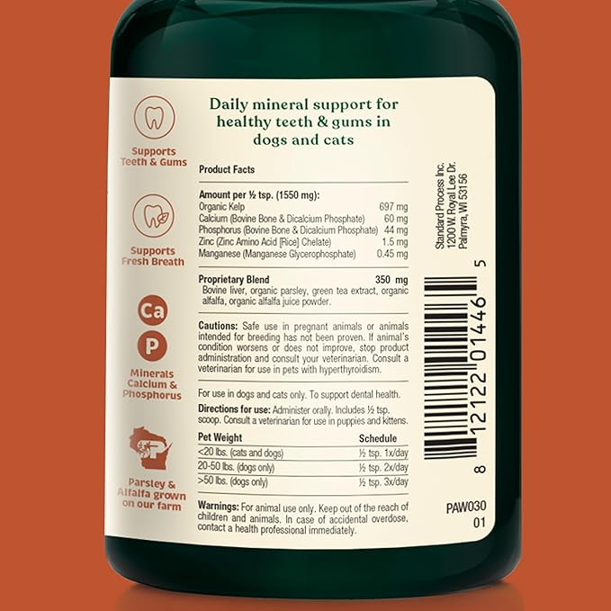 Dental for Cats & Dogs - Teeth Support Powder for Dogs & Cats - Pet Health Supplements with Calcium & Fresh Breath Support - Dental Care for Plaque & Tartar - 165 g